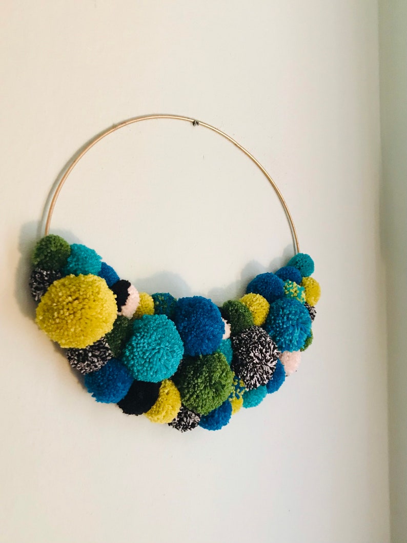 Pom Pom Wreath, Hoop Wreath, Nursery Decor, Wall Hanging, Pride Decor, Blue Pom Pom Wreath, Turquoise Pom Pom Wreath, Crescent Wreath image 3