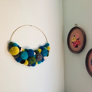 Pom Pom Wreath, Hoop Wreath, Nursery Decor, Wall Hanging, Pride Decor, Blue Pom Pom Wreath, Turquoise Pom Pom Wreath, Crescent Wreath image 4