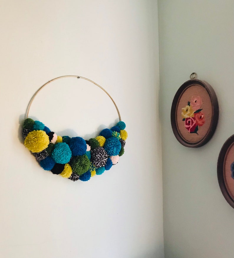 Pom Pom Wreath, Hoop Wreath, Nursery Decor, Wall Hanging, Pride Decor, Blue Pom Pom Wreath, Turquoise Pom Pom Wreath, Crescent Wreath image 4