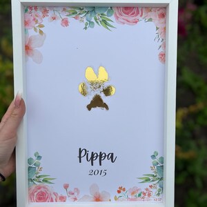 A4 Custom foiled paw print, nose print, pet loss, wall print, gold, memory, dog remembrance, personalised, flower wall print