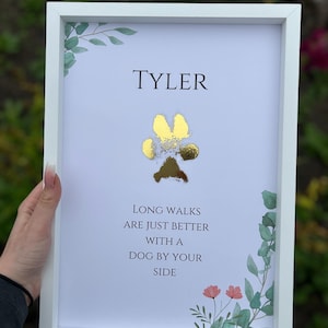 A4 Custom foiled paw print, nose print, pet loss, wall print, gold, memory, dog remembrance, personalised, flower wall print