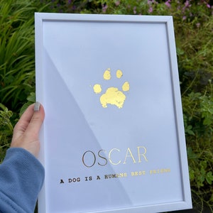 A4 personalised foiled paw print, nose print, pet loss, wall print, gold, memory, dog remembrance
