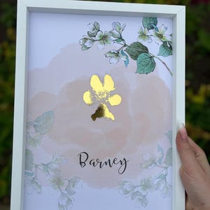 A4 Custom foiled paw print, nose print, pet loss, wall print, gold, memory, dog remembrance, personalised, green and pink