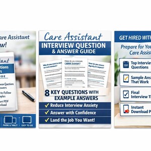 Puede incluir: Tres guías informativas para la preparación de entrevistas de asistente de atención médica. Las guías presentan el texto "Care Assistant Interview Questions & Answers" y "Interview Question & Answer Guide". Las guías también incluyen consejos y preguntas de muestra.