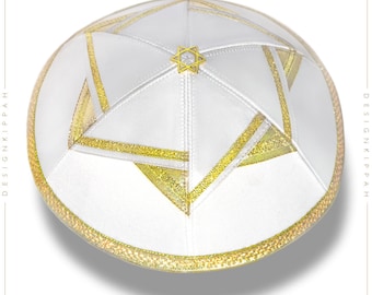 White - gold David Star kippah | Jewish wedding _ Bar Mitzvah _ Shabbat | Modern Judaica