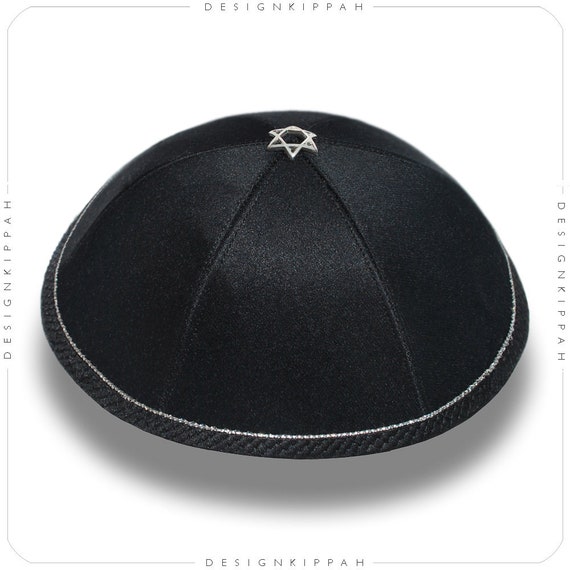 Black & Silver Satin Kippah | David Star | Jewish Wedding - Bar