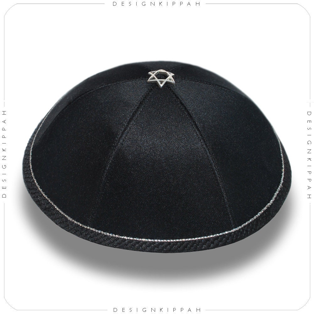 Black & Silver Satin Kippah | David Star | Jewish Wedding - Bar