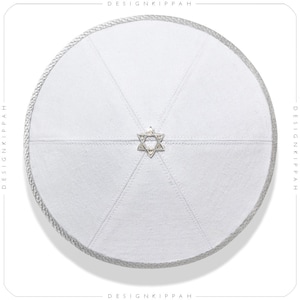 White - silver linen kippah | Jewish wedding • Bar Mitzvah • Shabbat • Yom Kippur | Handmade Modern Judaica gift