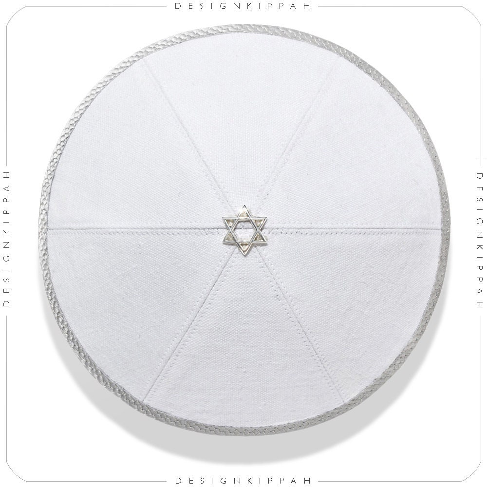 White - silver linen kippah Jewish wedding - Bar Mitzvah - Shabbat