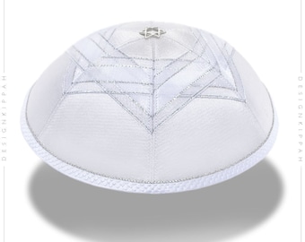 Jewish kippah - white silk and silver David Star | wedding - Bar Mitzvah - Shabbat