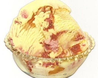 Antiguo letrero troquelado de helado de fuente de soda de los años 50. Letrero troquelado de cartón grueso utilizado en fuentes de soda y restaurantes Schmidt Litho San Francisco.