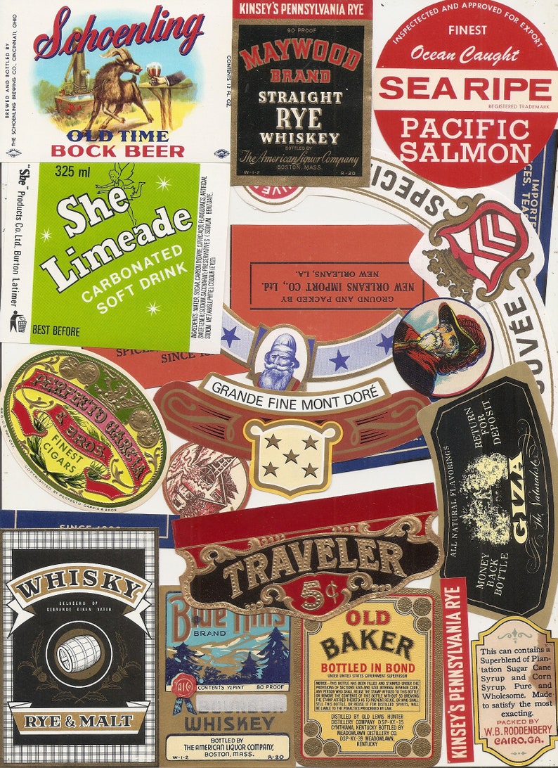 125 VINTAGE PRODUCT labels , tuna, spices, soda, beer, tobacco, whiskey, wine , etc... image 8