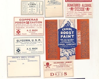 84 1930s plus Drugstore,Pharmacy ,Poison and Medicine Labels etc