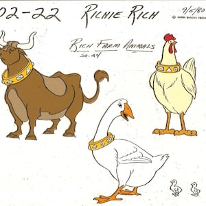 May include: Cartoon illustration of farm animals from "Richie Rich." Includes a brown bull, a white chicken, a white goose, and three small ducklings. Each animal wears a gold collar. The text "Rich Farm Animals" is also present.