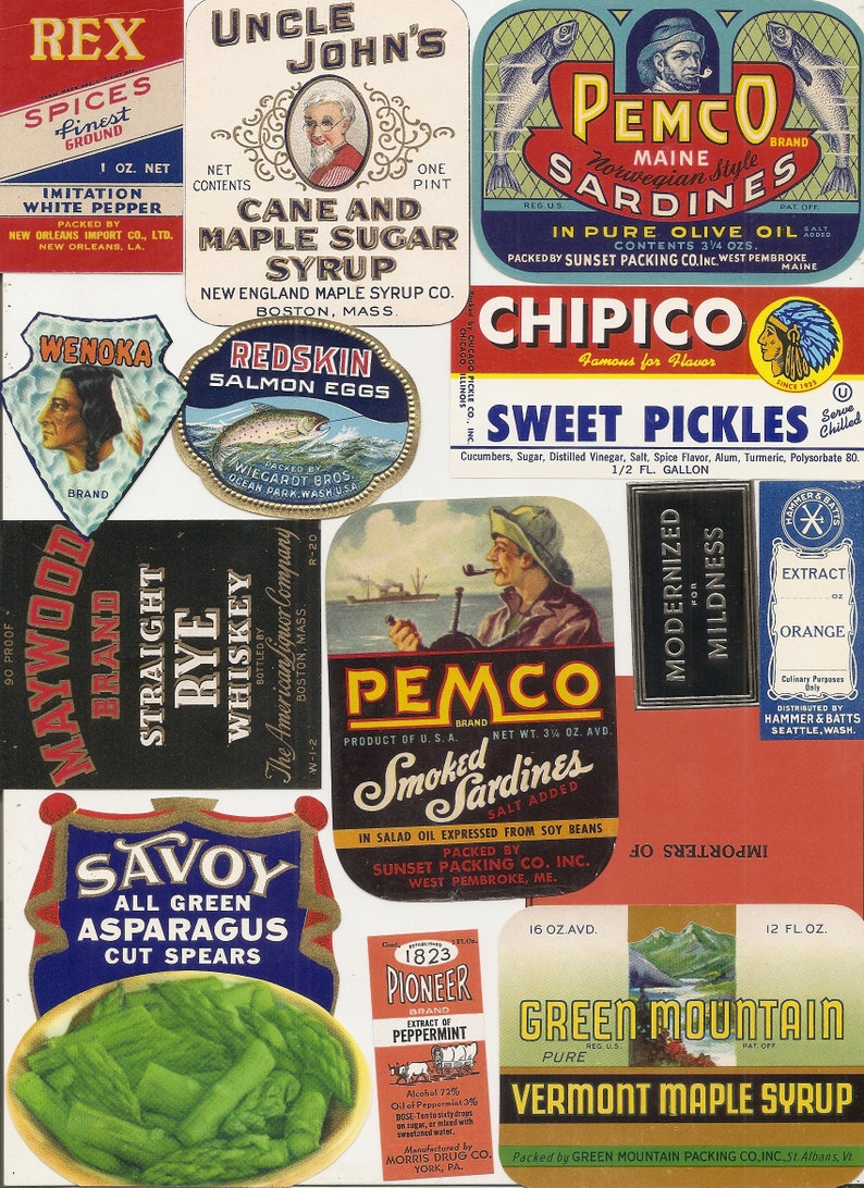 125 VINTAGE PRODUCT labels , tuna, spices, soda, beer, tobacco, whiskey, wine , etc... image 4