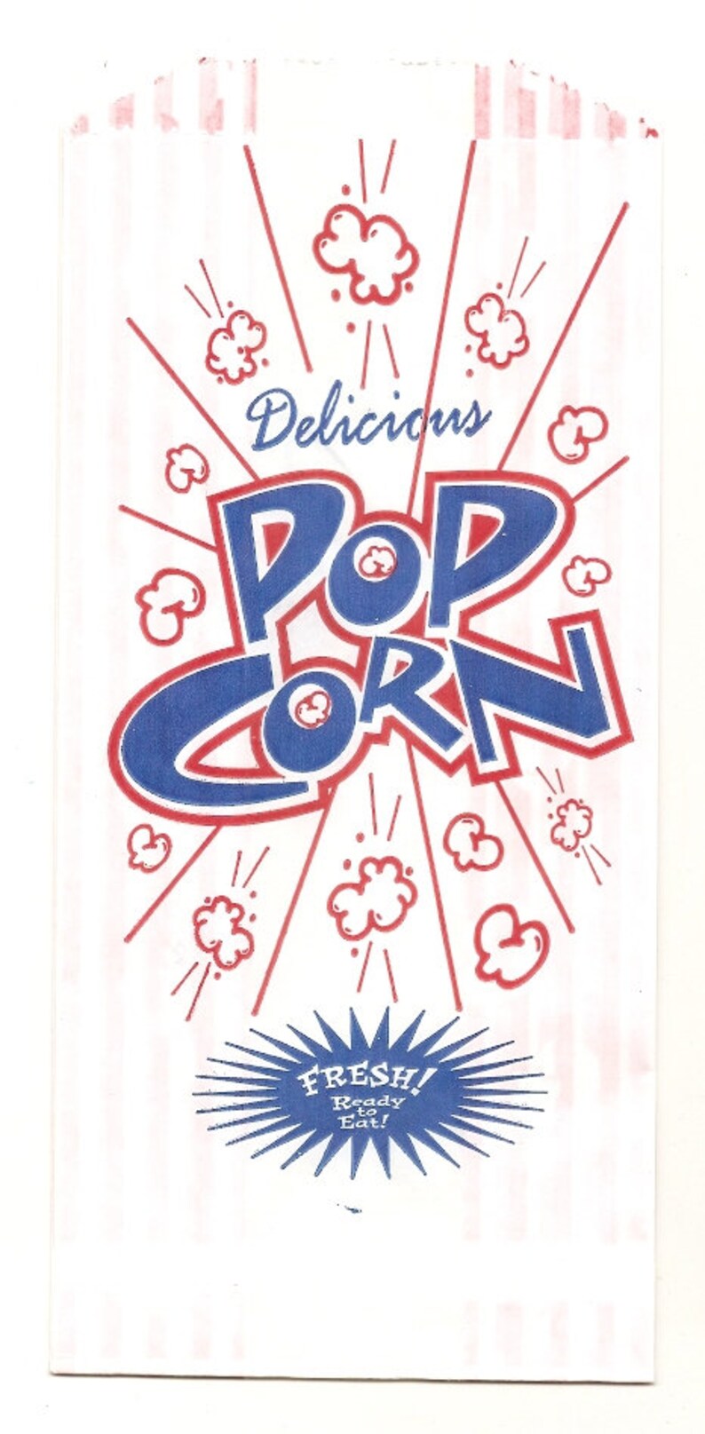 May include: A white paper bag with red and white stripes. The bag has a blue and red illustration of popcorn with the text "Delicious Popcorn" and "Fresh! Ready to Eat!"