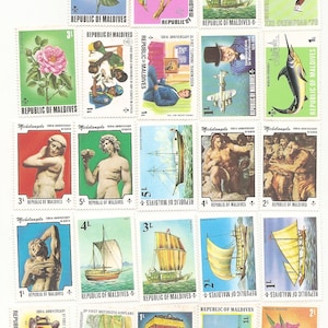 May include: A collection of postage stamps from the Republic of Maldives, featuring various designs. The stamps depict flowers, birds, ships, historical figures, and artwork. The stamps are in various colors, including blue, green, pink, and orange.