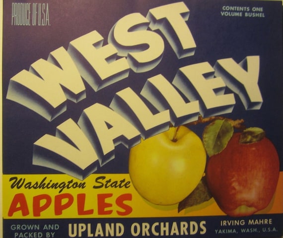 ORIGINAL APPLE CRATE LABEL WASHINGTON VINTAGE TYPOGRAPHY 1940 HI BUV ALL YELLOW