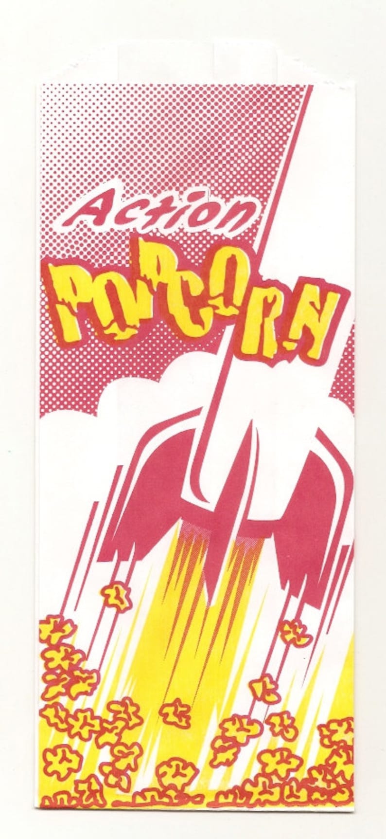 May include: A red and yellow popcorn bag with a rocket design and the text "Action Popcorn".
