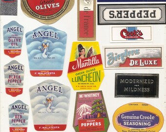 185 VINTAGE PRODUCT labels , tuna, olives , spices, soda, beer, tobacco, whiskey, wine, peppers, etc...