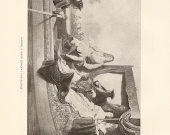 May include: A black and white historical print titled HANDEL'S RIVER CONCERT FOR GEORGE I. The scene depicts a group of figures in 18th-century attire aboard an ornate boat, with one central figure gesturing while others observe the musical performance.