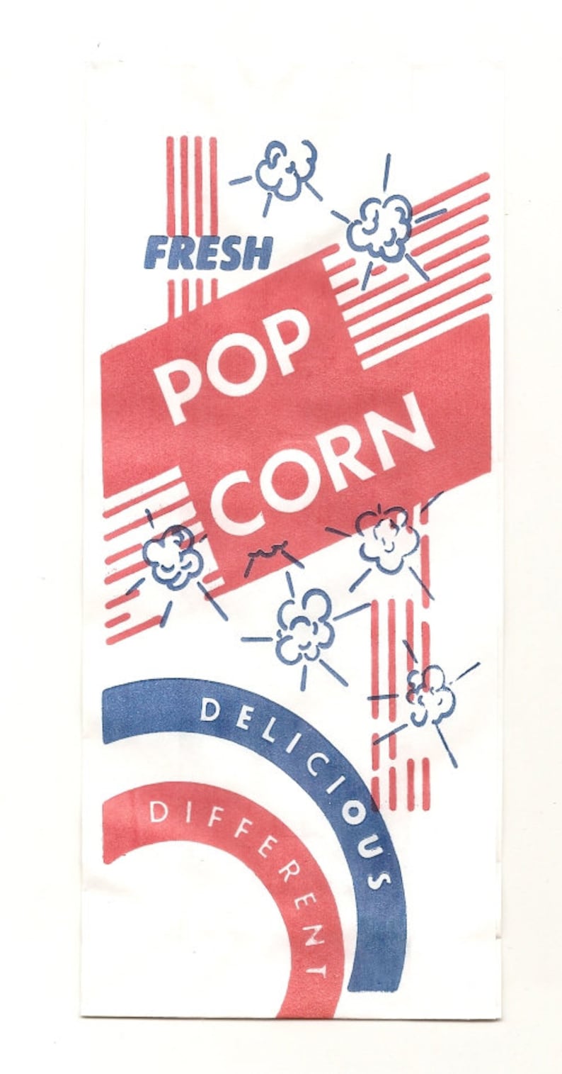 May include: A vintage popcorn bag with red and blue stripes and a red banner that says "FRESH POP CORN". The bag also has a blue and red circle that says "DELICIOUS DIFFERENT".
