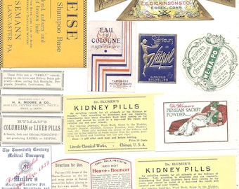 61 vintage Medicine cabinet Labels Drugstore,Pharmacy ,Poison ,BEAUTY,COSMETICS,French Perfume,Witch Hazel etc