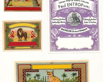 57 1900s Fabric Dye Bottle Labels CAT,LION,BIRDS, Etc...