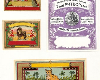 4 different 1900s Fabric Dye Bottle Labels CAT,LION,BIRDS, Etc...