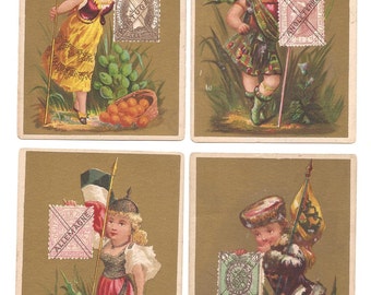 11 Old 1880's Stern Bro's N.Y. - Victorian TRADE Cards- FLAGS and STAMPS