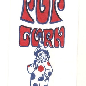 May include: A red and blue illustration of the word "POPCORN" with a cartoon clown in a white, red, and blue polka dot suit.