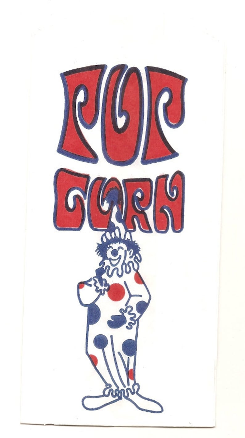 May include: A red and blue illustration of the word "POPCORN" with a cartoon clown in a white, red, and blue polka dot suit.
