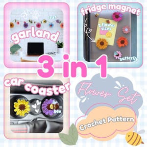 Flower Garland Crochet Pattern, Crochet Coaster, Car Coaster, Crochet Magnet, Crochet Garland, College Dorm Crochet, Flower Crochet, Spring