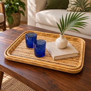 Vintage 1960s Woven Rattan Serving Trays Set of 2, Mid Century Bamboo Cane Trays, Rectangular Bar Cart, Coffee Table Trays