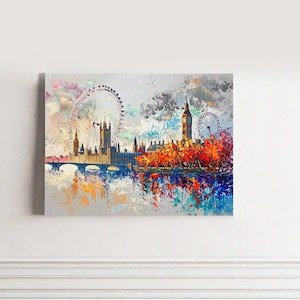 Printable Vibrant London Landscape Oil Painting Canvas, City Landscape Art Print, Modern Colorful Wall Art, Digital Download, Home Decor