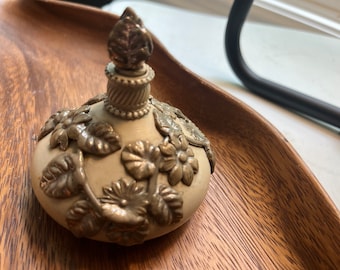 Antique Pottery Perfume Bottle with Appliqué Silver Florals and Leaves. Unique Antique Bottle w/Stopper. RARE ANTIQUE treasure.