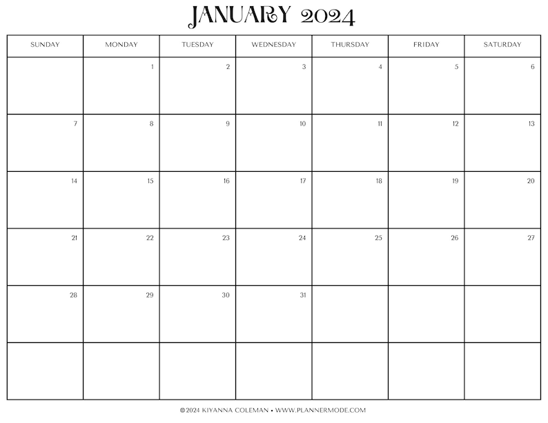 12 Month Calendar Printable, 2024 Calendar Printable, Sunday Start