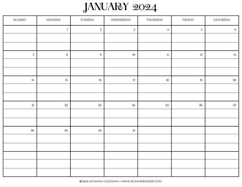12 Month Calendar Printable, 2024 Calendar Printable, Sunday Start