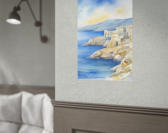 Santorini Coastal Watercolor Rolled Poster | Mediterranean Seaside Print