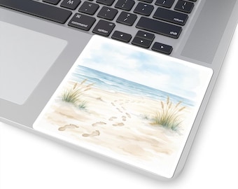 Beach Footprints Kiss-Cut Sticker | Coastal Sand Dunes Ocean Scene