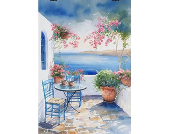 Mediterranean Balcony Watercolor Rolled Poster | Seaside Patio Art Coffee Art