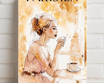 Le Parisien Café Girl Rolled Poster | Paris Watercolor Magazine Cover Print