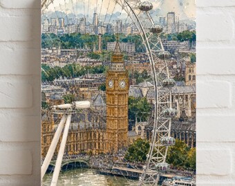 The Londoner London Skyline Illustration Rolled Poster | Big Ben, London Eye, Vintage Travel Art
