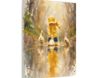 Child in Yellow Raincoat with Ducks Matte Nursery Canvas