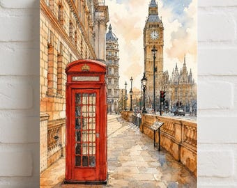 The Londoner Vintage London Watercolor Red Phone Booth Rolled Poster | Big Ben Street Scene