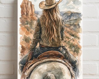 Poster "Cowgirl a cavallo" della Texas Gazette / Poster arrotolato con paesaggio western / Stampa artistica ad acquerello tratta da rivista