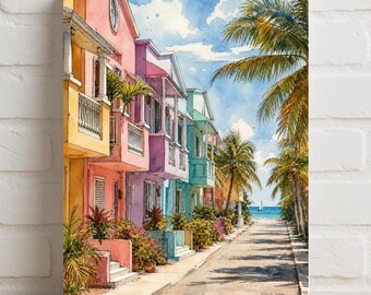 The Island Times Coastal Street Poster Rolled Poster | Tropical Beach Print, Pastel Houses