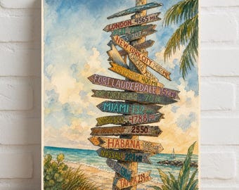 The Island Times Vintage Beach Signpost Rolled Poster | Coastal Wall Art, Nautical Travel Print