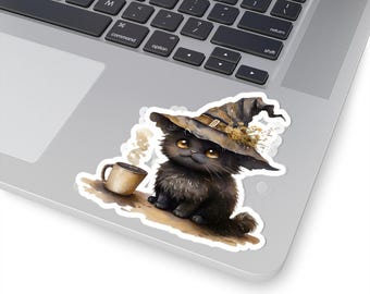 Black Witch Cat sticker | Kiss-Cut Sticker, Halloween Witch Cat
