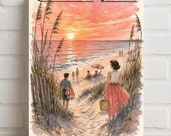 The Coastal Times Vintage Beach Sunset Rolled Poster | Seaside Illustration